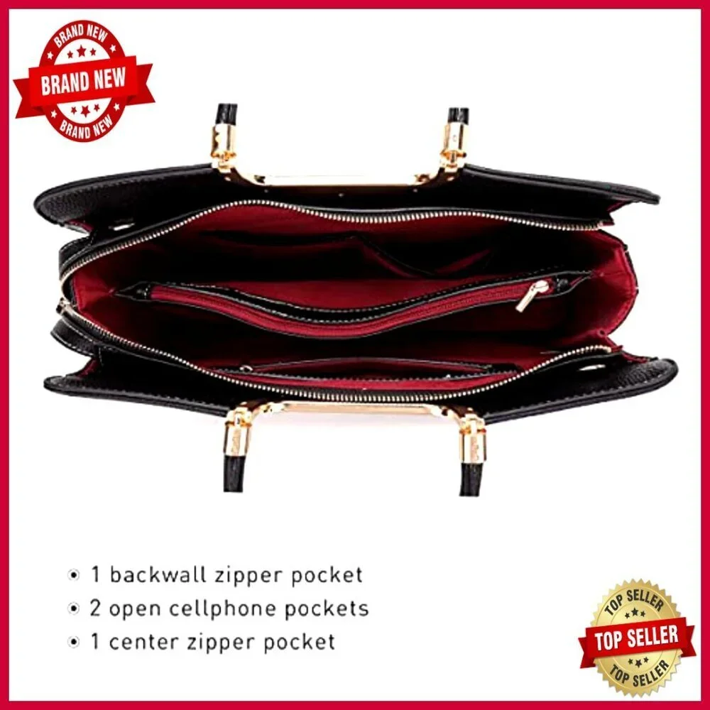 Large Vegan Leather Satchel with Detachable Strap, Matching Wallet, Multi-Pocket